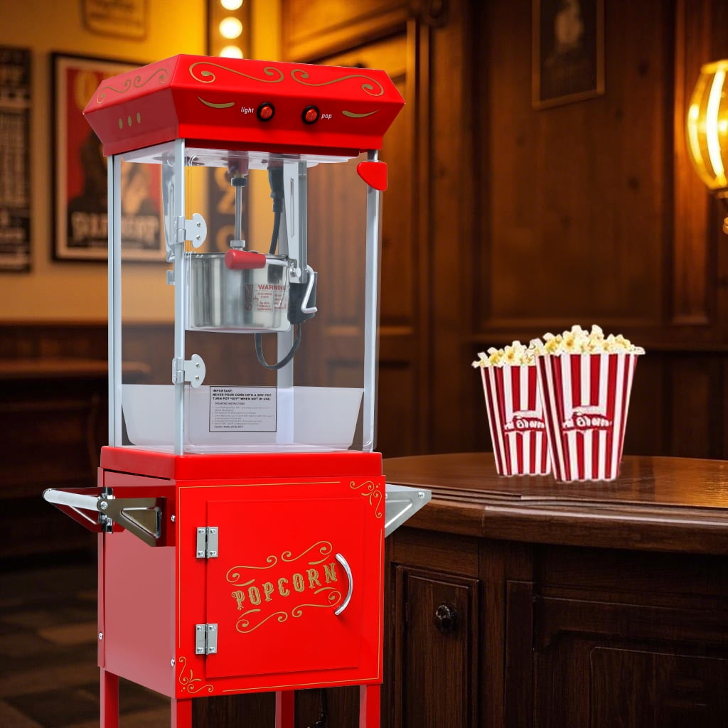 Popcorn Machine with Cart, with Wheels & 6 Oz Pot Popcorn maker Equipped with Popcorn Scoops & Tools, Mobile Cart with Lockers for Commercial Home Movie Theater Vintage Style (Red)