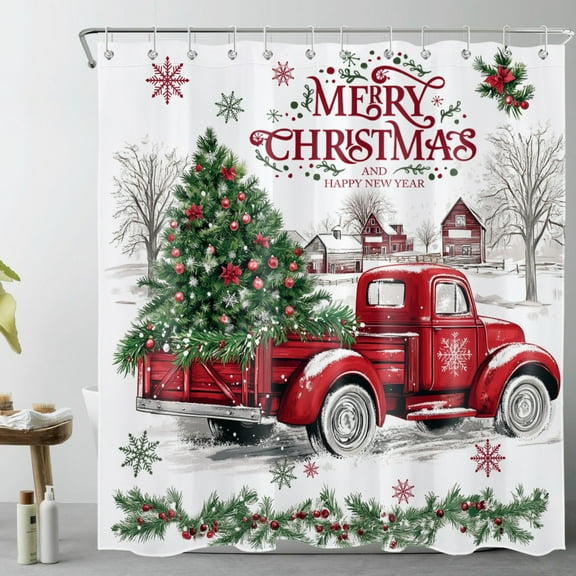 HVEST Vintage Christmas Red Truck Shower Curtain with Xmas Tree and Barn Snowflake Design - Merry Christmas Bathroom Decor, Waterproof Polyester Fabric, Includes 12 Hooks, 72x72 Inches