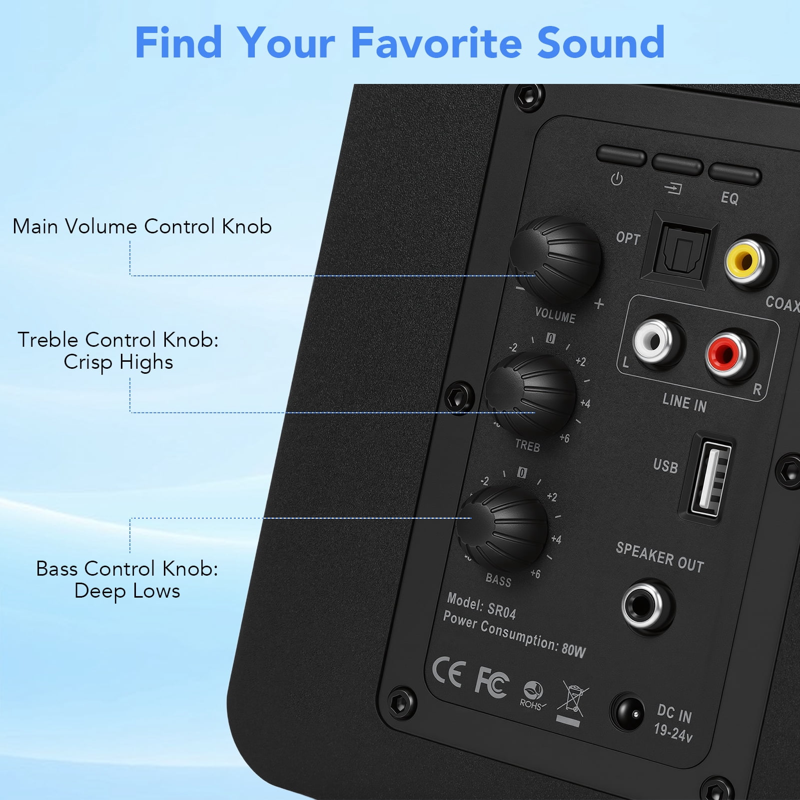 80W Active Bookshelf Speakers, Record Player Speakers with 4 Inch Woofer, Stereo Studio Monitor Speakers, Bass & Treble Adjust TV Speakers with USB/Optical/AUX Input for PC, Black