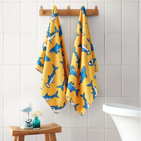 Welhome Kids Towel Set, 2 Piece 100% Cotton Pool Party Towels, 380 GSM, Absorbent Bath Towels For Everyday Use, Sharks Printed Bathroom Towels