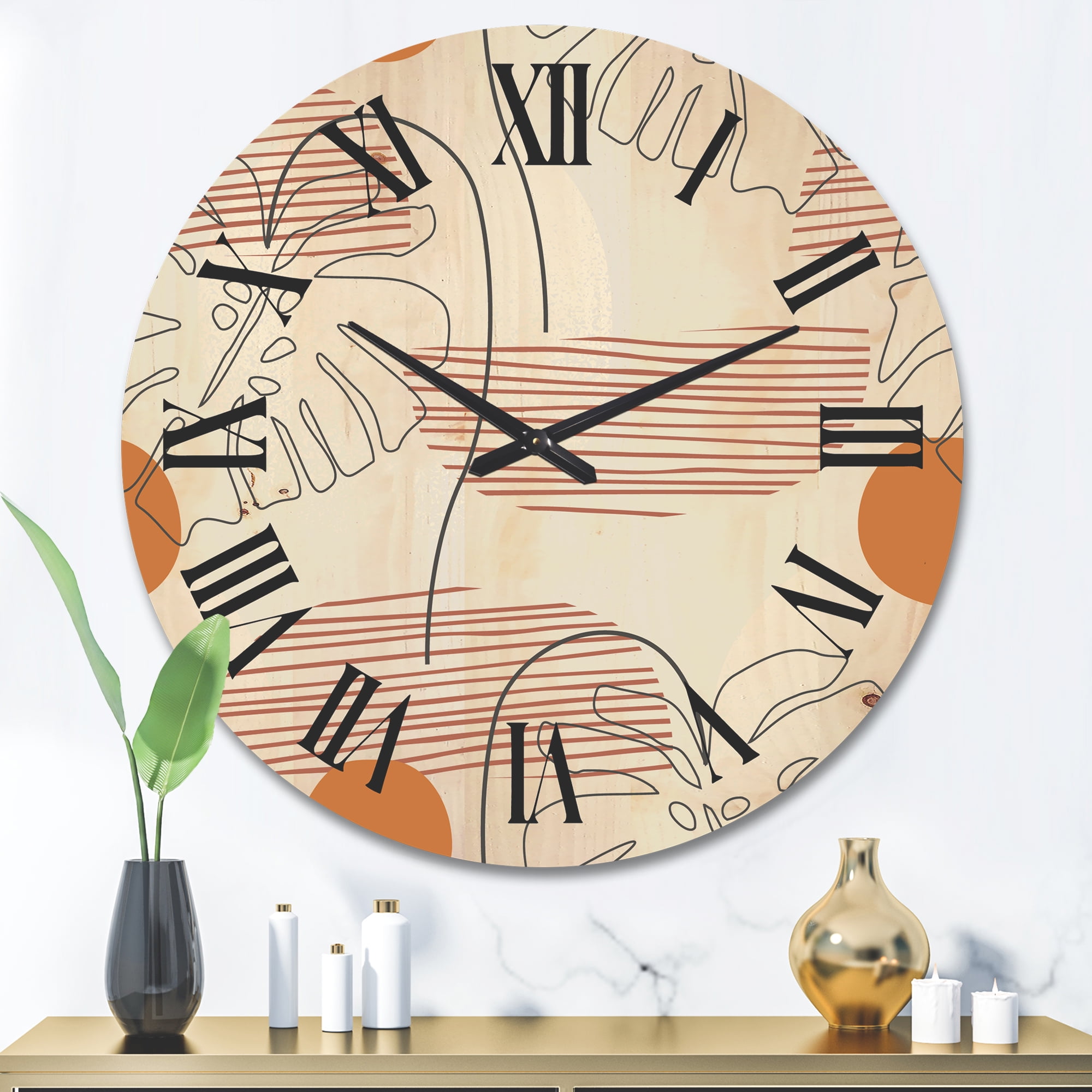 Designart 'Abstract Monstera Leaf and One Line Art Shapes' Modern Wood Wall Clock