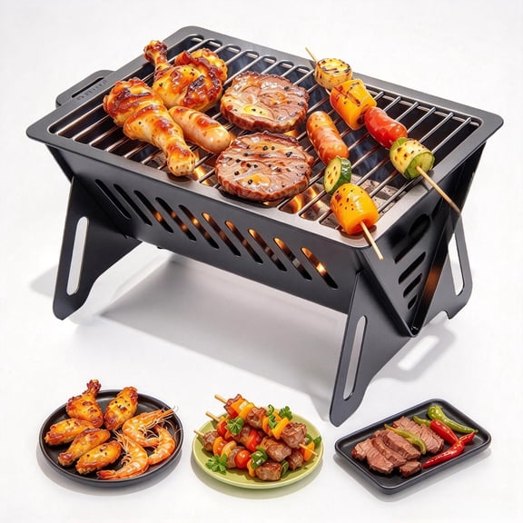Softnook Portable Foldable Charcoal BBQ Grill, Stainless Steel Mini Barbecue with Mesh Grate for Camping, Picnic, Backyard, Beach & Travel