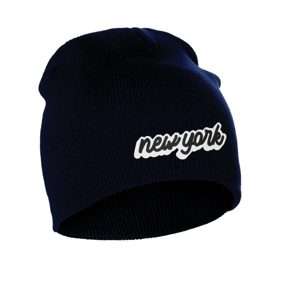 I&W Classic USA Cities Winter Knit Cuffless Beanie Hat 3D Raised Layer Letters, New York Navy, White Black