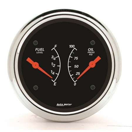 - Auto Meter 1434 Dual - Fuel Level / Oil Pressure - E - F, 0-100 PSI - (0-90 Ohms Fuel) - Electronic - Designer Black - Chrome