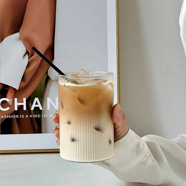 Vaso de vidrio de doble capa a rayas | Taza térmica de borosilicato | Vaso para bebidas frías y calientes | Vaso transparente para té y café para el hogar y la oficina