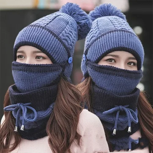 Buytoshop 3 in 1 Winter Knitted Beanie Hat Face Neck Warmer Set,for Women Girls Fleece Lining Ski Caps with Pompom,Navy Blue