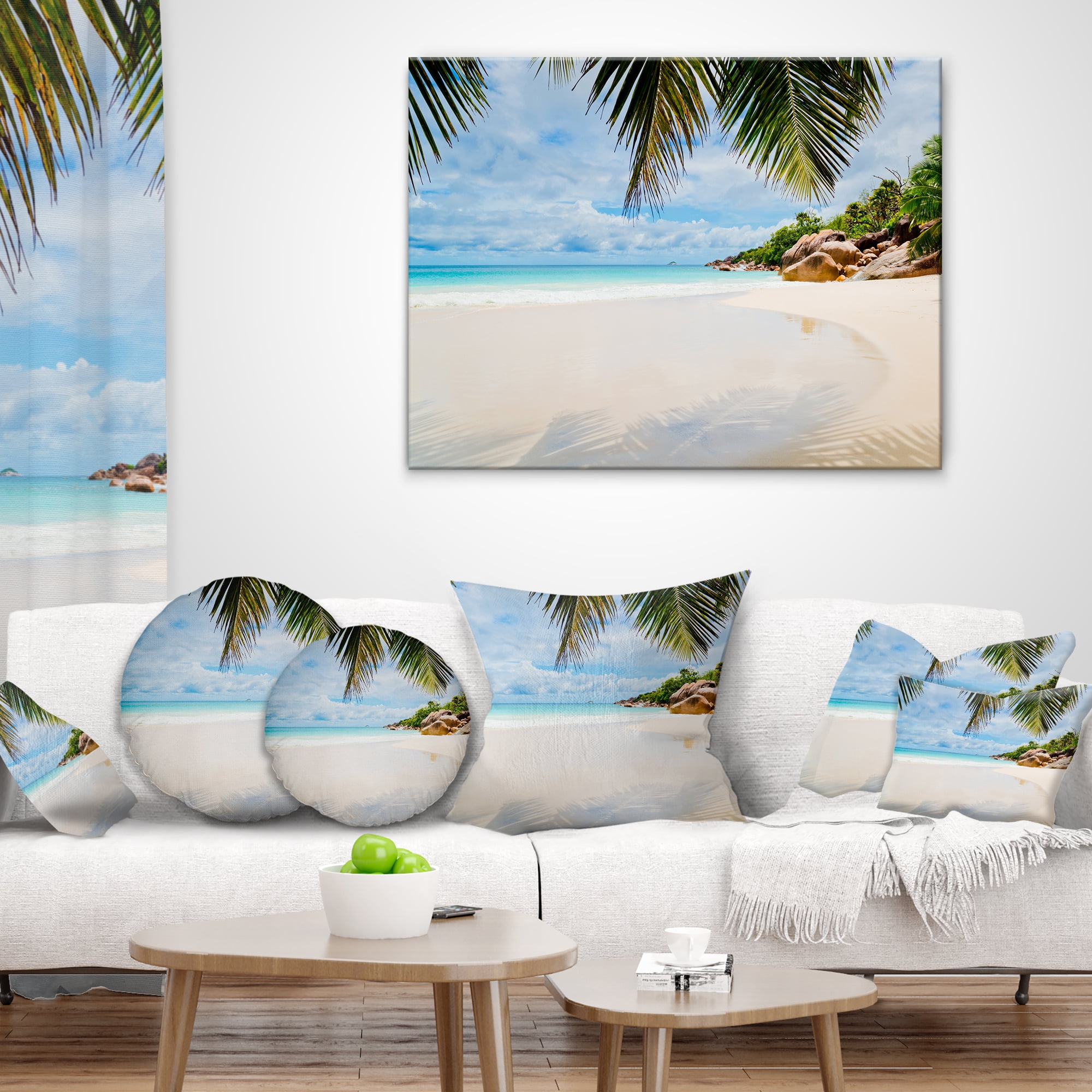 Designart Summer Beach with Palm Leaves - Modern Seascape Throw Pillow - 18x18