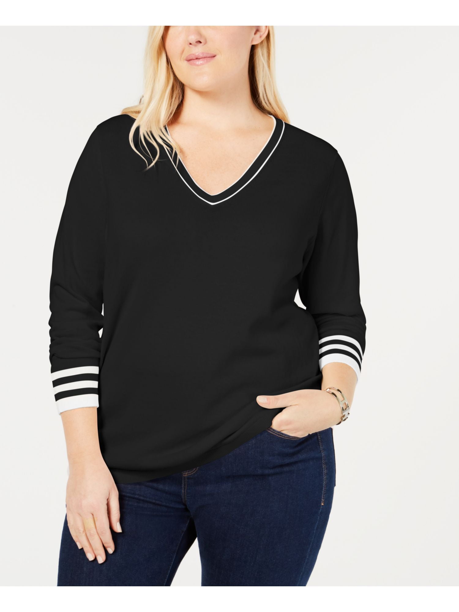 TOMMY HILFIGER Womens Black Long Sleeve V Neck Sweater Plus Size: 2X