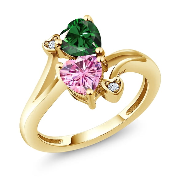 Gem Stone King 18K Yellow Gold Plated Silver Green Nano Emerald Pink Moissanite Ring for Women (1.53 Cttw, Heart Shape 6MM, Gemstone May Birthstone, Size 9)