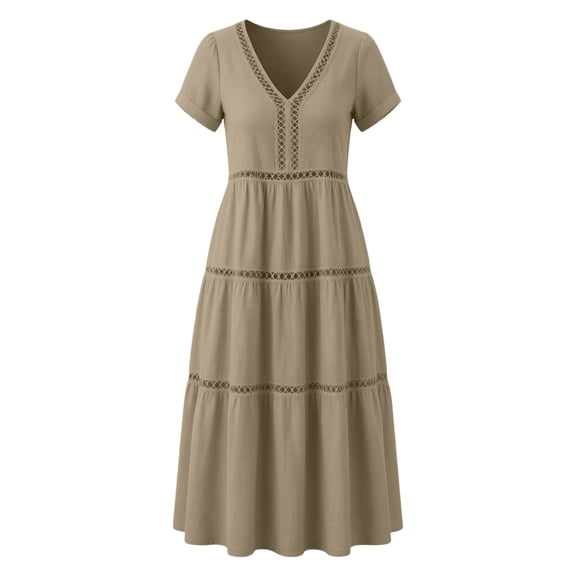 Josdec Women's Casual Solid Color Cotton Dress V-Neck Eyelet Cutwork Short Sleeve Tiered Midi Dress for Daily Wear in Spring Summer S-3XL