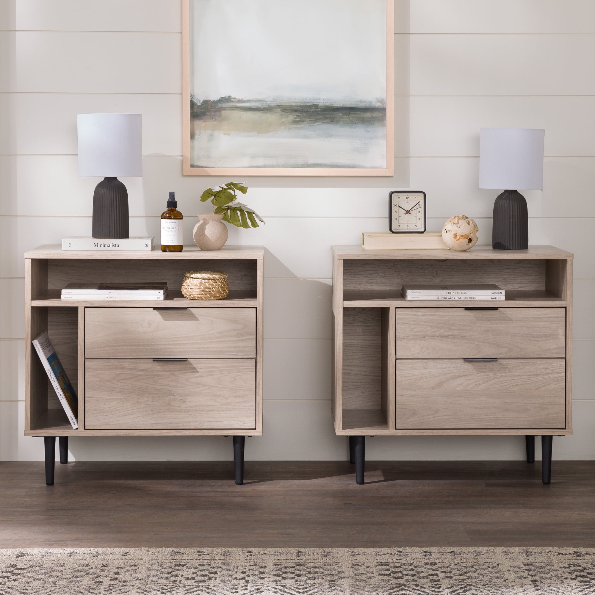 Walker Edison Modern 2-Drawer Nightstand, Set of 2, Birch