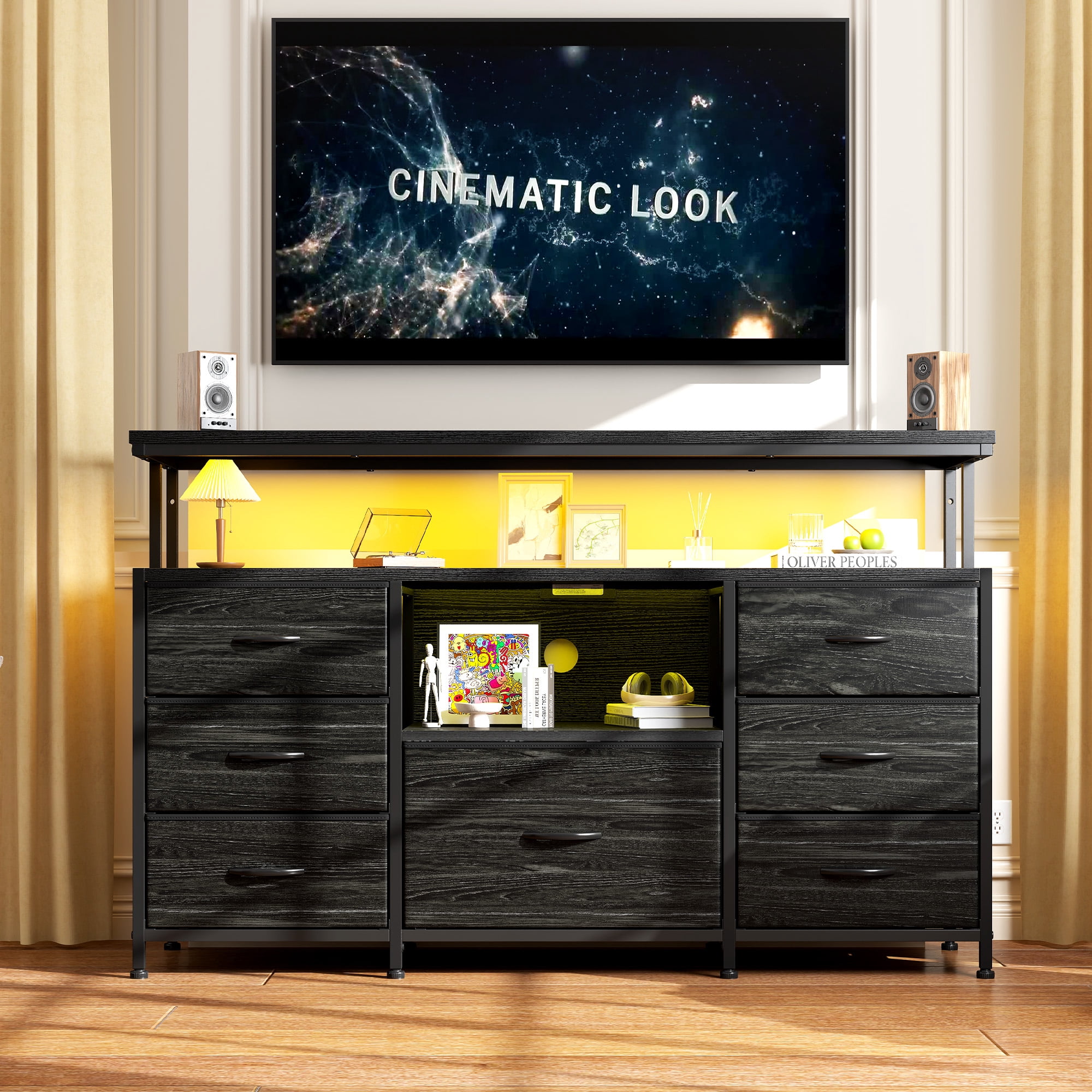 Dresser TV Stand for Bedroom with 7 Fabric Drawers,Wide Dresser for Bedroom with LED Lights & Power Outlets for 55" TV  & Open Shelves for Living Room, Sturdy Frame, Black