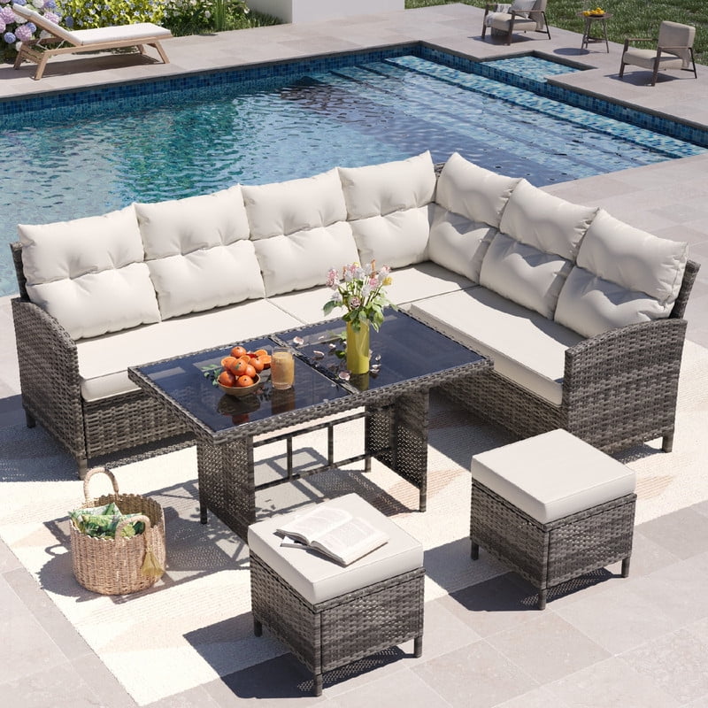 ELPOSUN 7-Piece Outdoor Patio Furniture Set - Sectional Sofa, Dining Table & Chairs Included, All-Weather Conversation Set with Ottoman, Gray Rattan,Beige