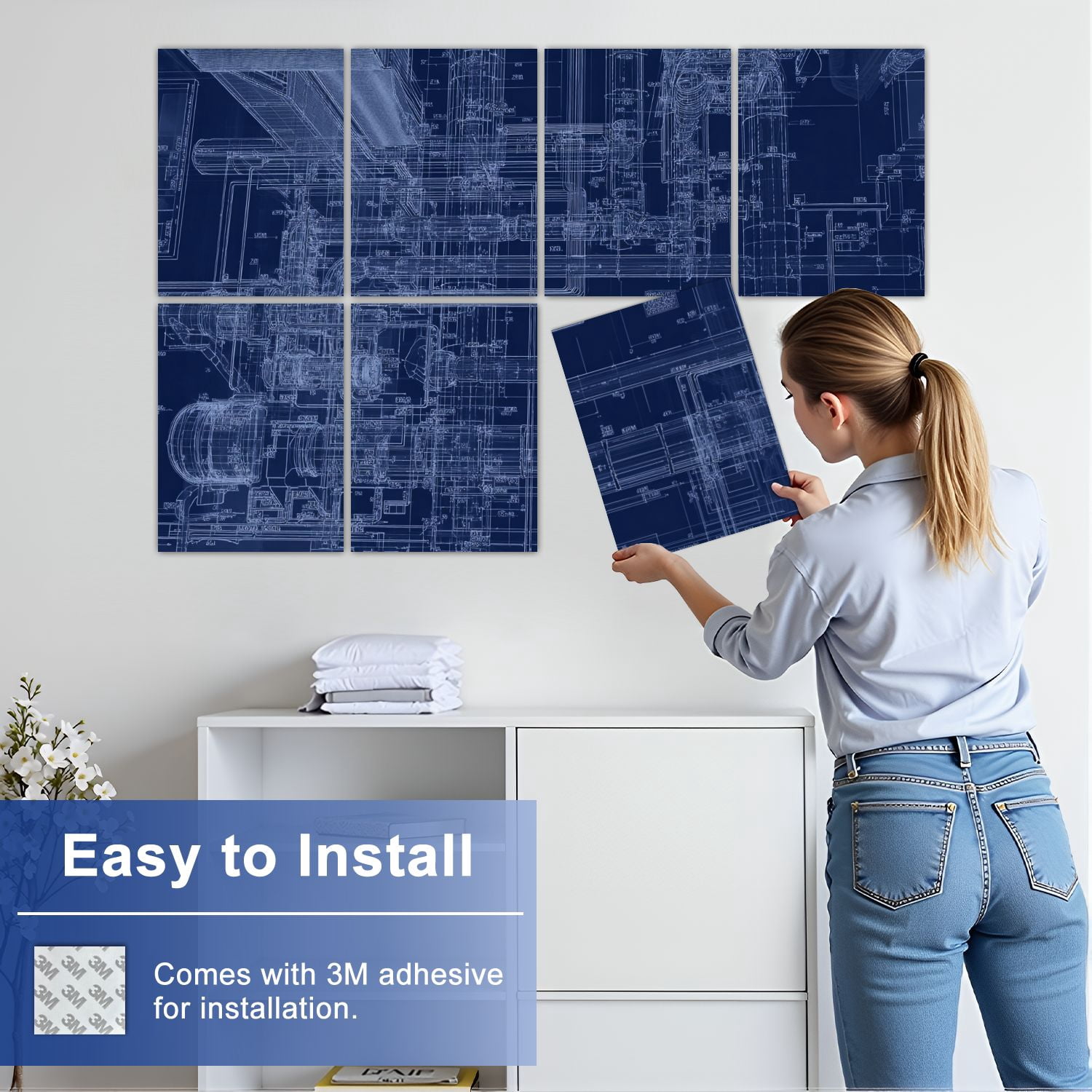 8 Pack Art Acoustic Panels Sound Absorbing Blueprint Decorative Soundproof Wall Panels Self Adhesive for Nursery Game Room Bedroom 48"x32"