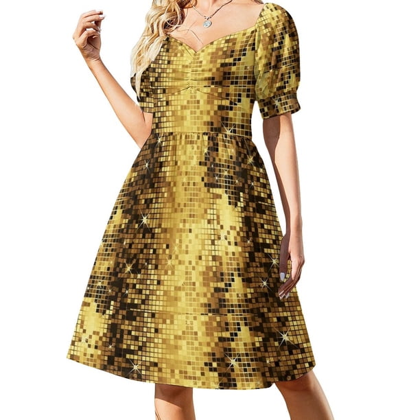 Imagen de vestido con estampado de bola de discoteca retro con purpurina en amarillo dorado, vestidos largos de lujo para mujer