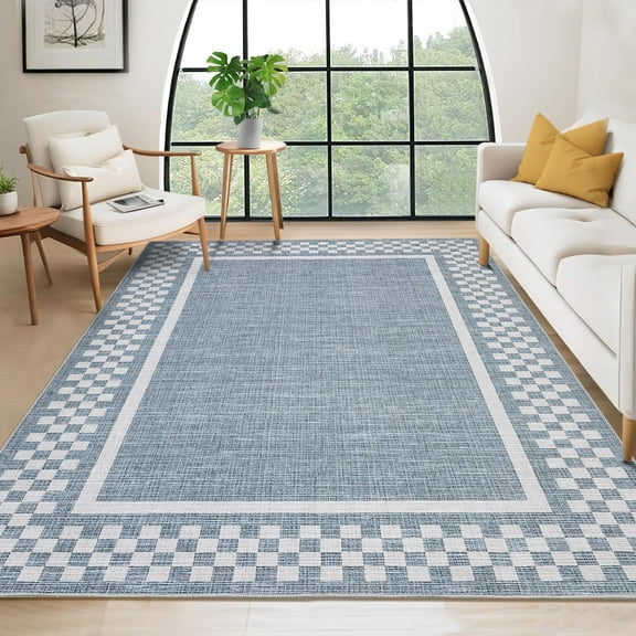 Yesurprise 4'x6' Blue Modern Bordered Area Rugss, Checkered Area Rugs for Living Room, Bedroom, Washable Low Pile Area Rugs, Stain Resistant Indoor Carpet