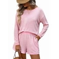 thumbnail image 2 of 2 Piece Sets for Women Summer Cute Stripe Long Sleeve Knit T Shirts Shorts Matching Lounge Set Pink L, 2 of 8