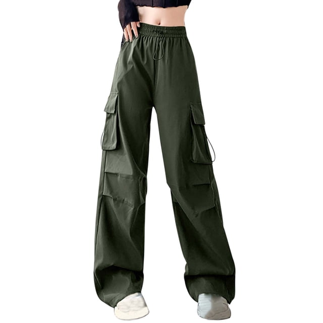 Women's Solid Color American Parachute Pants High Waist Wide Leg Casual Drawstring Workwear Joggers
