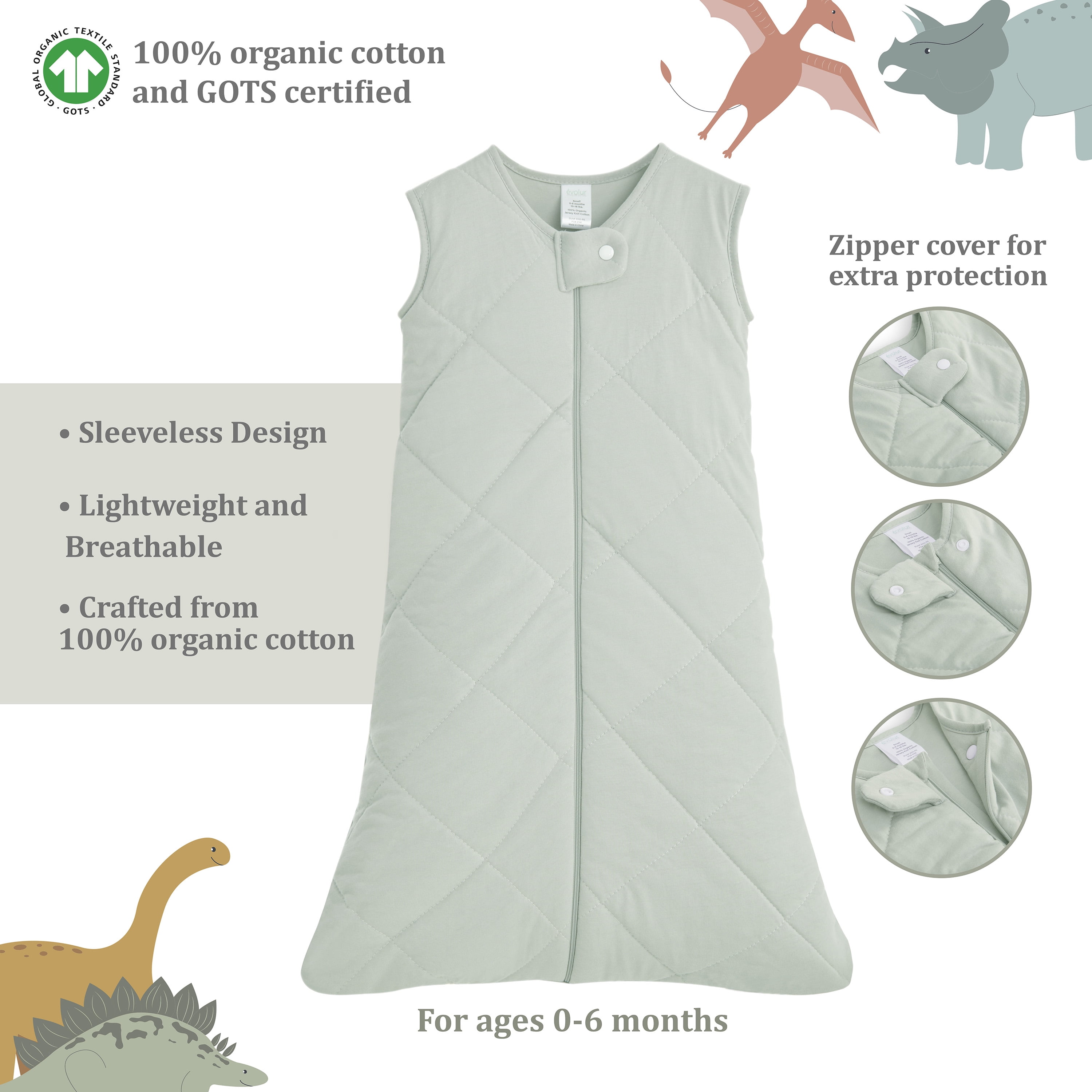 Evolur RawrSome Collection 3pc Crib Set (Fitted Sheet, Snuggle Sack, Crib Skirt) in Sage Green & Dinosaur Print