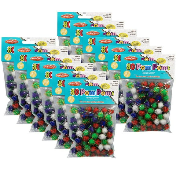 Charles Leonard Pom-Poms 1/2", Assorted Glitter Colors, 80 Per Pack, 12 Packs