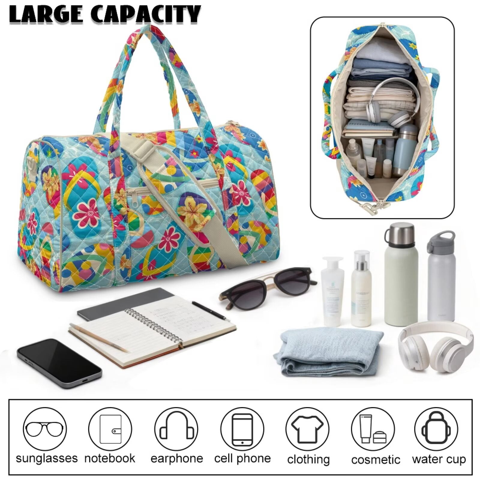 Pzuqiu Large Quilted Weekender Bag for Women Colorful Flower Lightweight Puffy Travel Duffle Carry On Tote with Adjustable Shoulder Strap for Gym, Overnight Trips Vintage Handbags
