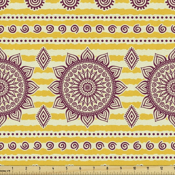 Ethnic Fabric by the Yard, Abstract Ornamental Pattern with Mandala on Striped Background, Decorative Upholstery Fabric for Sofas and Home Accents, 3 Yards, Maroon Yellow and Cream by Ambesonne