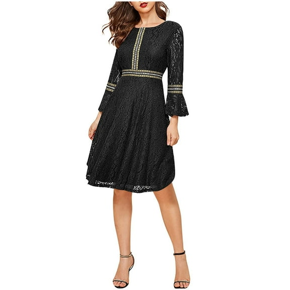 ZQUUVOU Women's Casaul Dress Lace 3/4 Sleeve Round-Neck Mini Dress Black,3XL