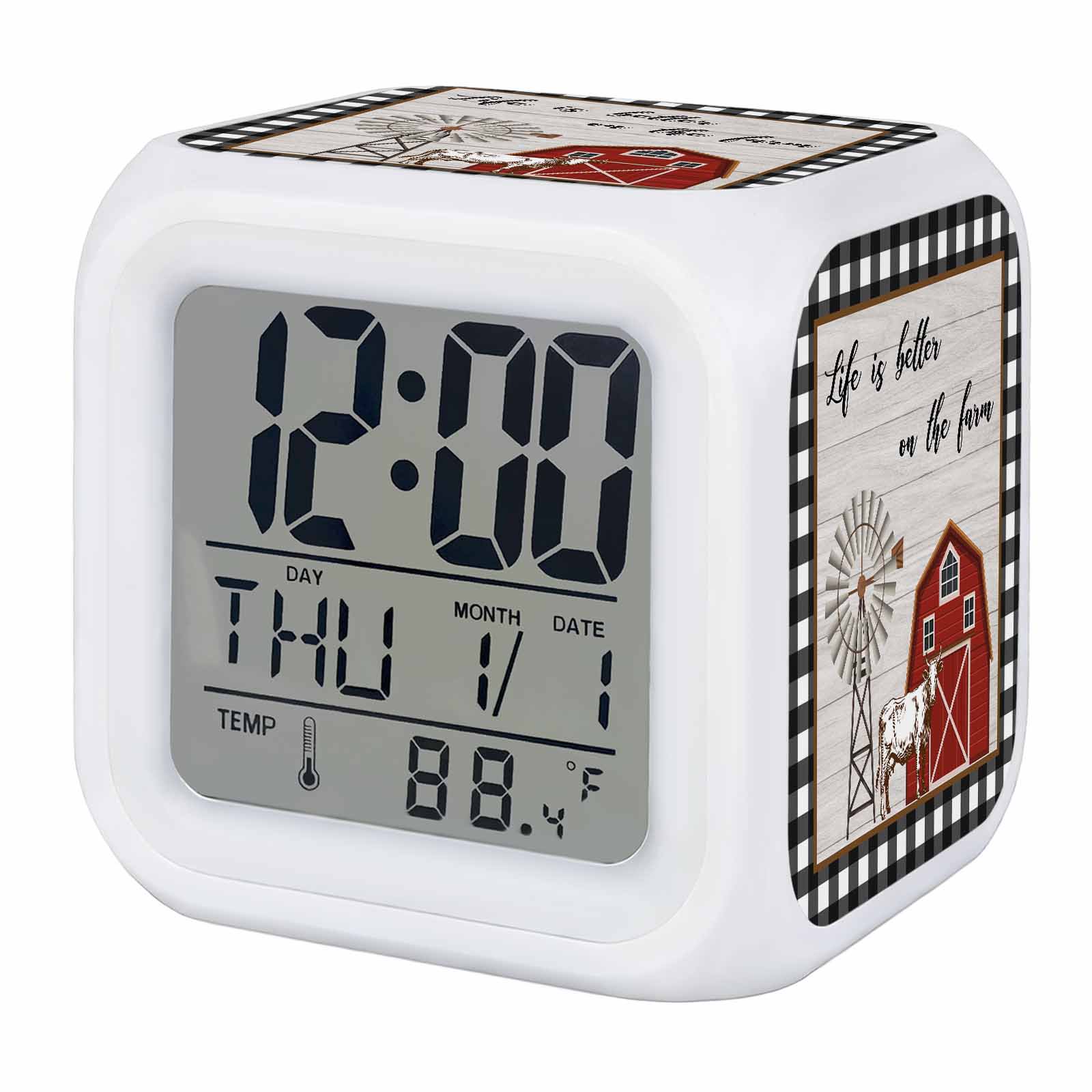 Red Barn Windmill Alarm Clock, Farm Cattle Wood Grain White Black Plaid Digital Clock Night Light with 7 Color, Calendar Temperature Display, LED Desk Small Clock for Bedrooms Bedside Living Room