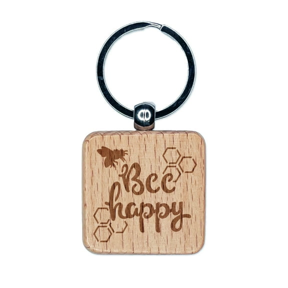 Bee Be Happy Honeycomb Square Keychain Charm Tag - Engraved Wood