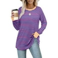 thumbnail image 2 of Htigea Womens Crewneck Tunic Shirts Striped Color Block Long Sleeve Pullover Casual Loose Fit Tops Purple M, 2 of 7