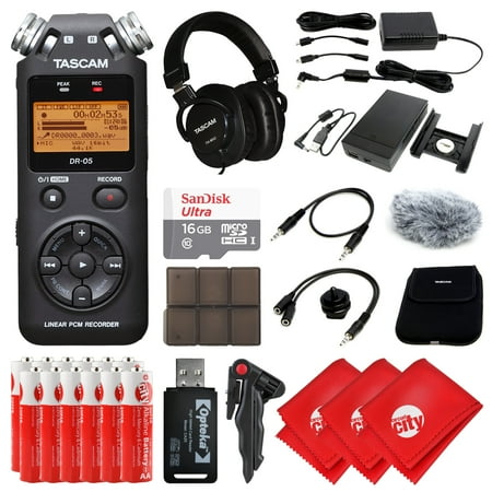- TASCAM Portable Handheld Digital Audio Recorder, Mixing Headphone, 16GB Memory Card, 12 pcs AA LR6 Super Alkaline Batteries, 3 pcs Microfiber Cleaning Cloth and Accessory Bundle, Black (DR-05)