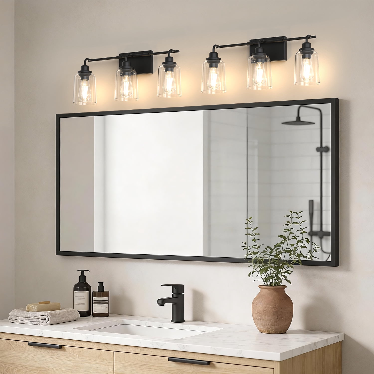 YANSUN 23.3" 3-Light Vanity Mirror Light Bar, Black Light Fixture with Waterdrop Glass Shades for Bathroom, Makeup Vanity, Dressing Room