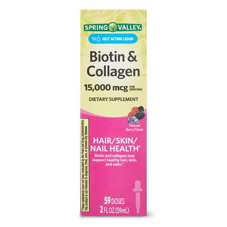 Spring Valley Biotin & Collagen, 15,000 mcg Fast Acting Liquid Supplement, 2 fl oz