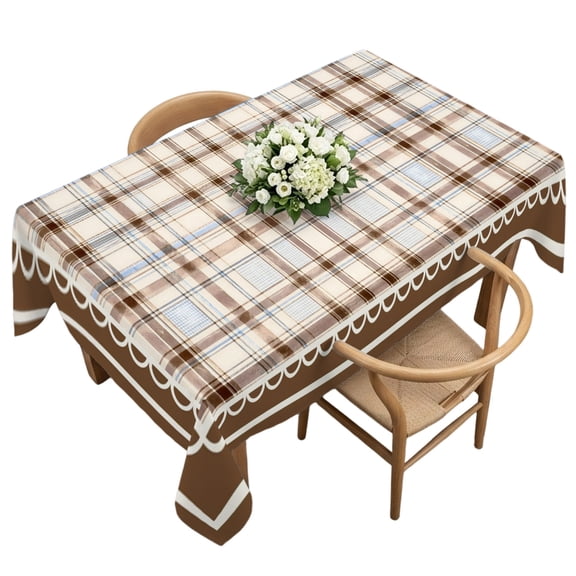 Brown Checked Rectangle Tablecloth, Brown Lace Vintage Buffalo Plaid Waterproof & StainResistant Tablecloth, Washable Oil-proof Table Cover for Dining/Party/Wedding/Camping/Buffet 54x108 In