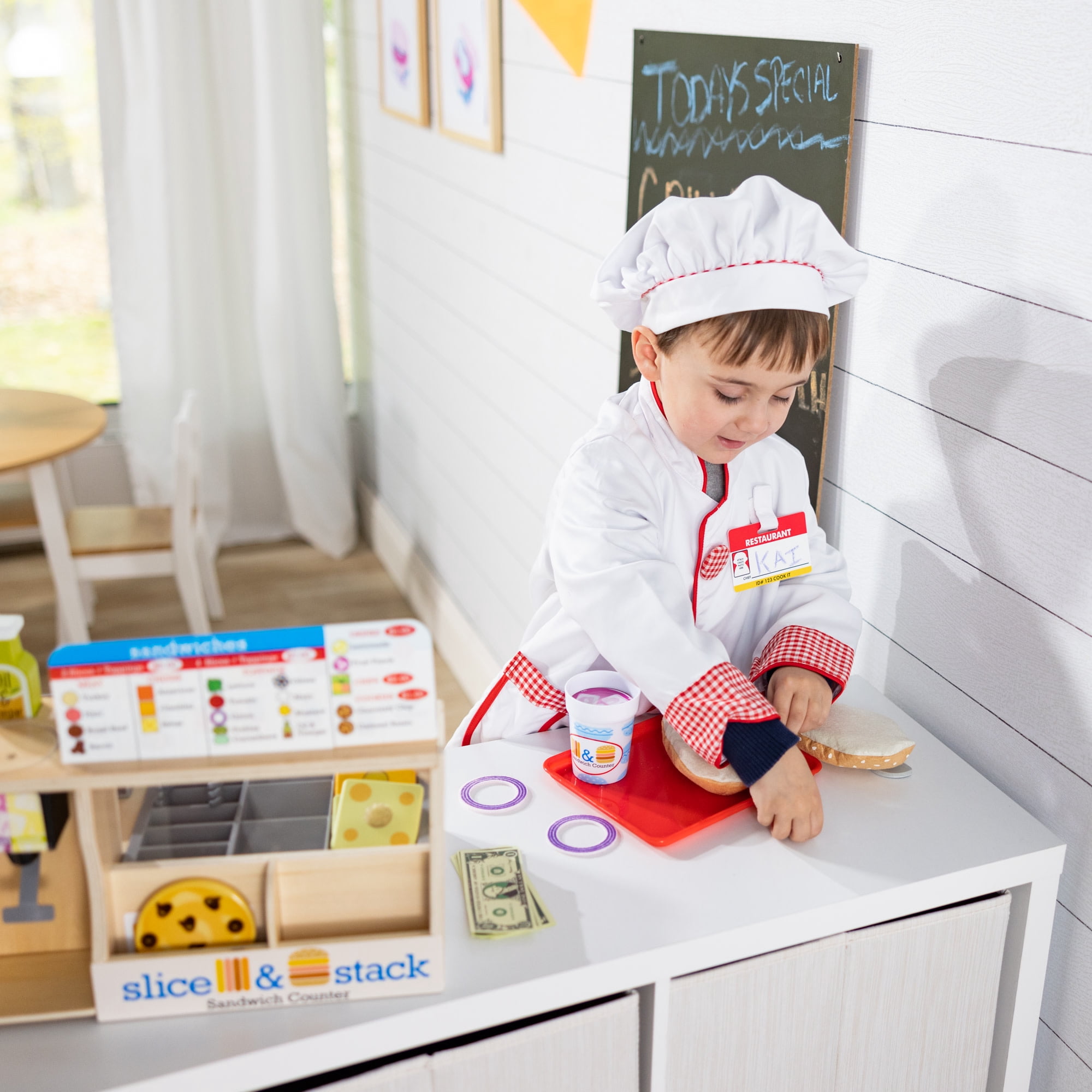 Melissa & Doug Wooden Slice & Stack Sandwich Counter with Deli Slicer – 56-Pieces - FSC Certified