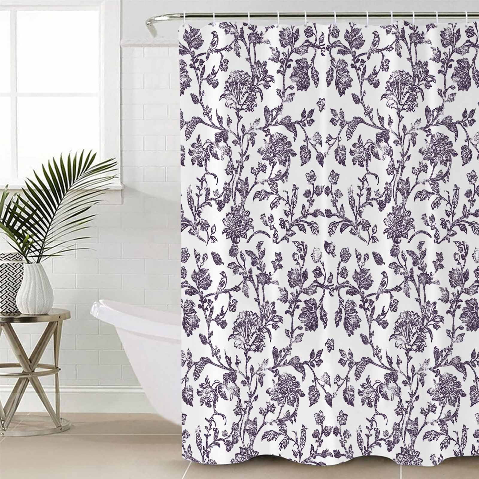 Extra Long Shower Curtain 72x96 Inch, Purple Flower Shower Curtain Waterproof Bathroom Decor Vintage Farmhouse Boho Leaf Spring Plant Fabric Bath Curtain Set Accessories with Hooks