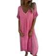 thumbnail image 2 of IDALL Summer Dresses,Petite Dresses Casual Spring And Summer Loose Skirt Short Sleeved V Neck Solid Color Cotton And Linen Dress Linen Dress,Modest Dresses,Womens Dresses Pink Dress S, 2 of 5