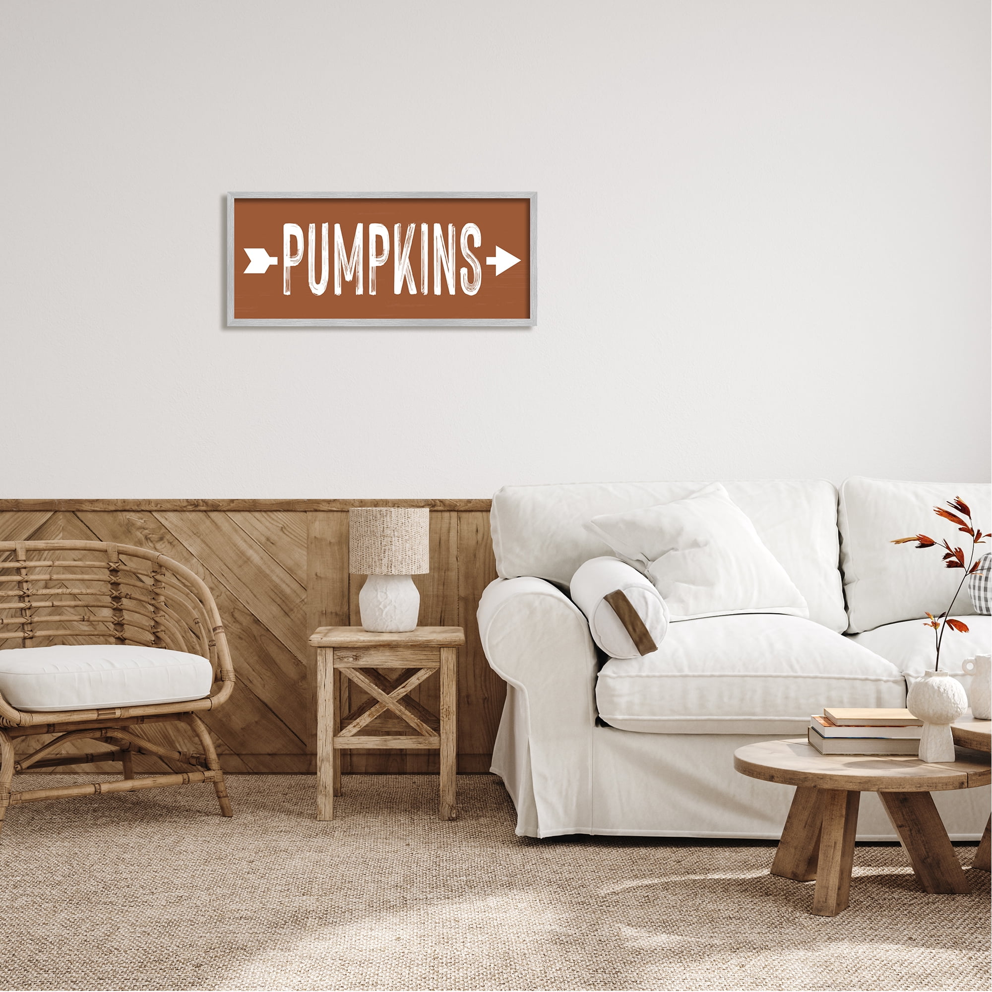 Stupell Industries Pumpkins Pointing Right Holiday Painting Gray Framed Art Print Wall Art, 30 x 13