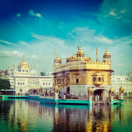 Vintage Retro Hipster Style Travel Image of Famous India Attraction Sikh Gurdwara Golden Temple (Ha Print Wall Art By