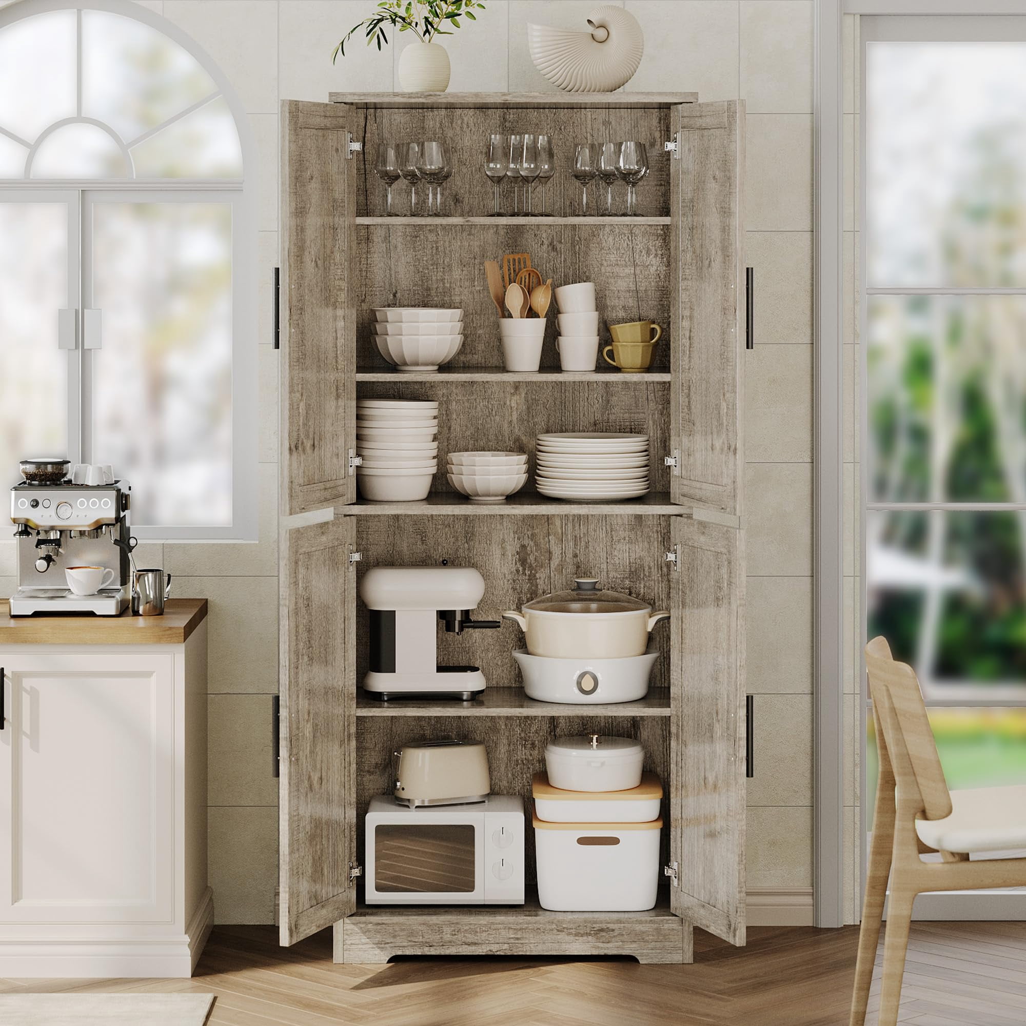 70" Kitchen Pantry Cabinet, Freestanding Storage Cabinet with 4 Doors and Shelves, Tall Large Wood Storage Cabinet for Bathroom, Dining Room