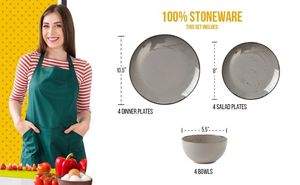 Safdie & Co. Ensemble de Vaisselle Utopia de 12 Pièces, Service pour 4, Vaisselle de Fête, Tendances Maison et Essentiels du Réseau Alimentaire Maison, Assiettes de Dîner en Grès, Gris
