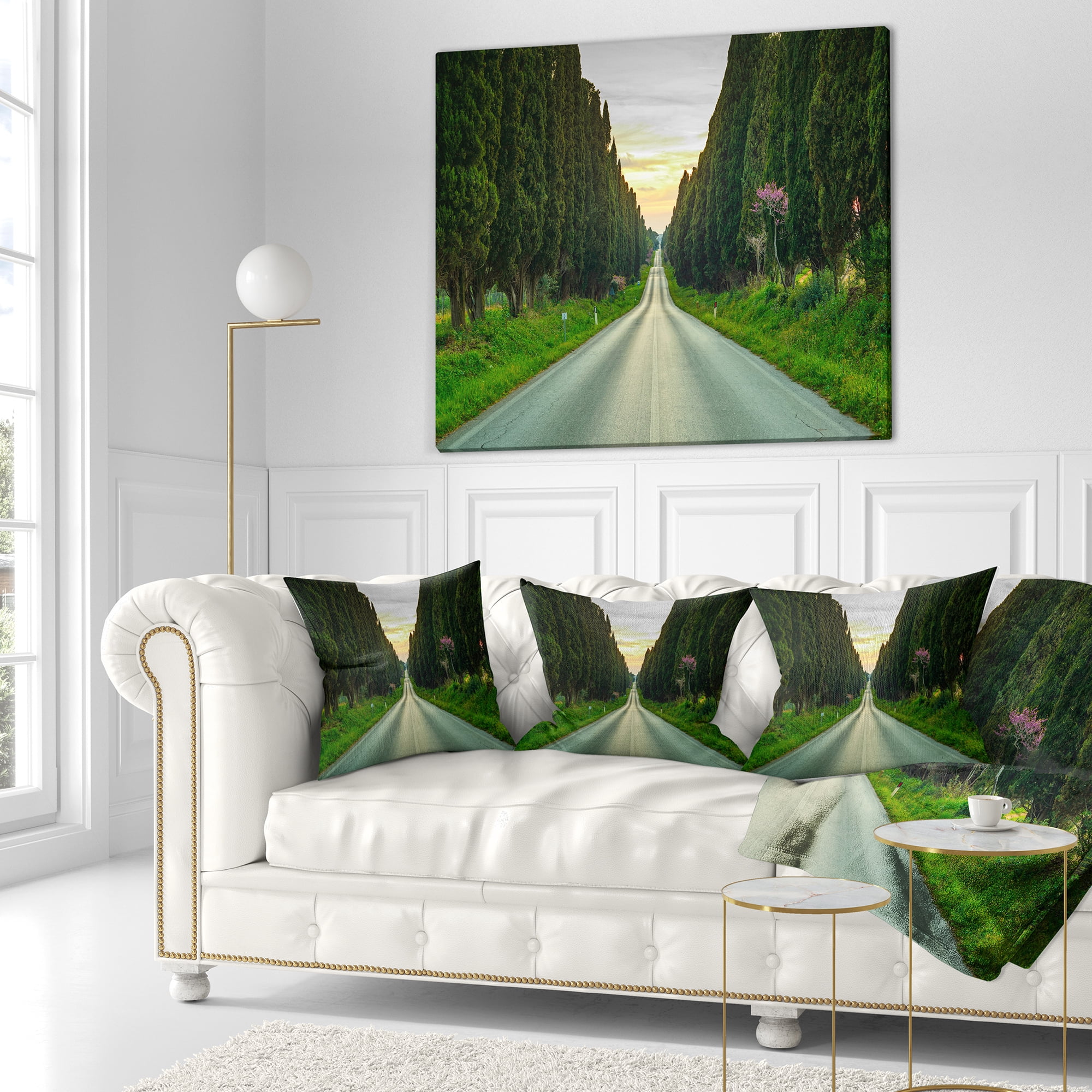 Designart Straight Road through Cypress Trees - Landscape Wall Throw Pillow - 18x18