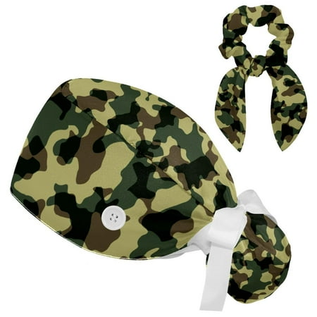 

Working Cap with Buttons and Sweatband Scrub Hat Bouffant Caps with Scrunchie Camouflage Tie Back Hats