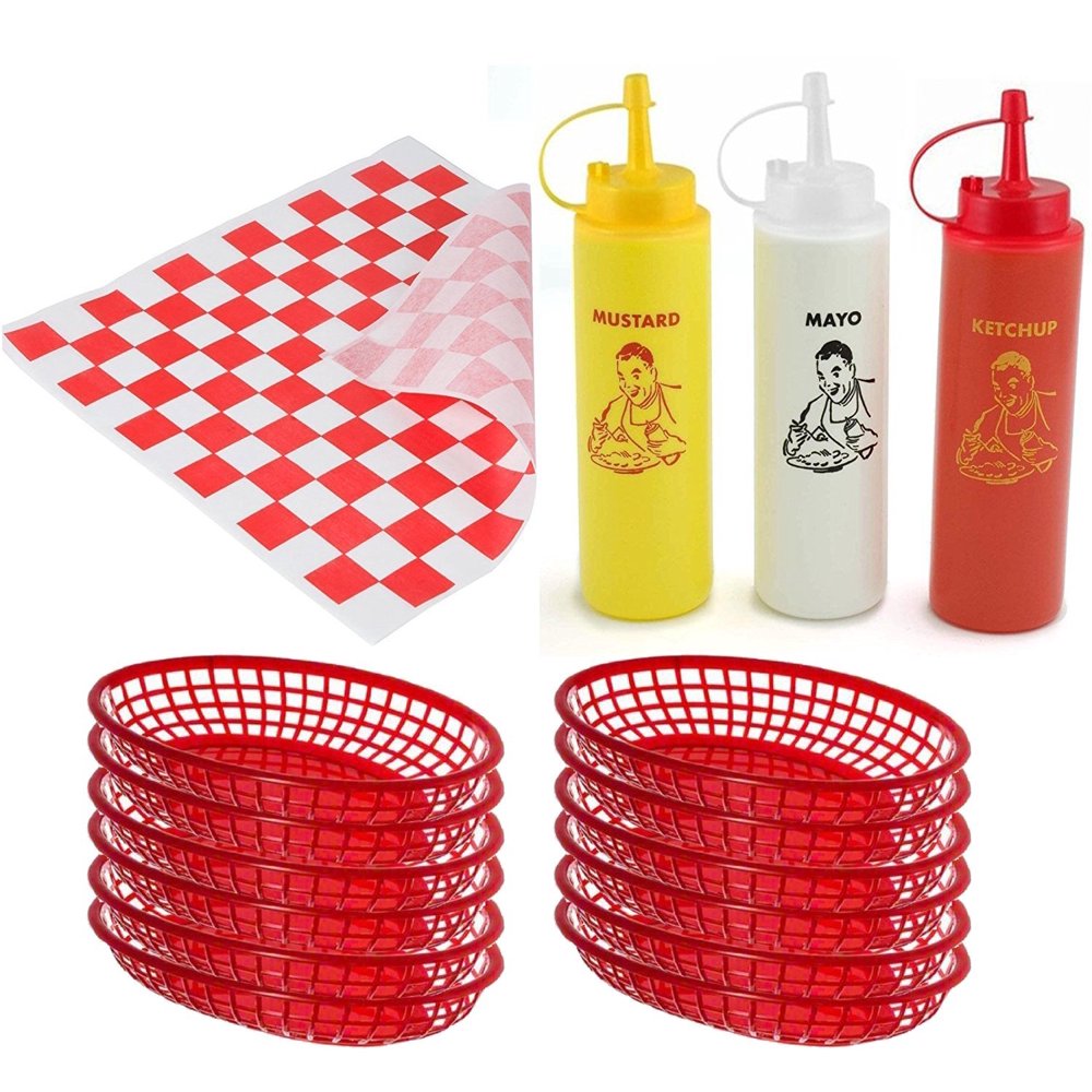 12 Food Serving Baskets Ketchup Mustard & Mayo Squeeze Bottles