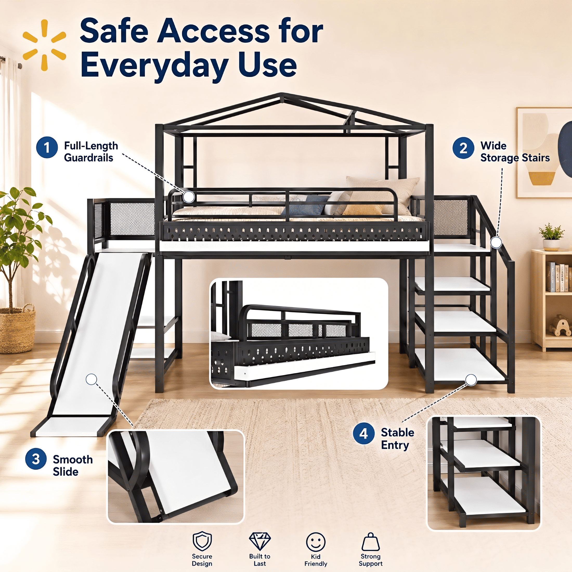 Aukfa Full Size Loft Bed with Storage Stairs, Slide, Shelves, USB Ports and LED Lights, Metal Loft Bed for Kids, Noise-Reduced Design, Black