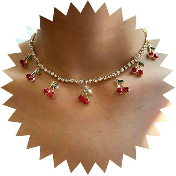 Bohemian Ruby Cherry Choker Necklace Gold Cz Tennis Chain Necklace Red Crystal Cherry Pendant Necklace Tiny Rhinestone Cherry Dangle Necklace Jewelry for Women Gifts