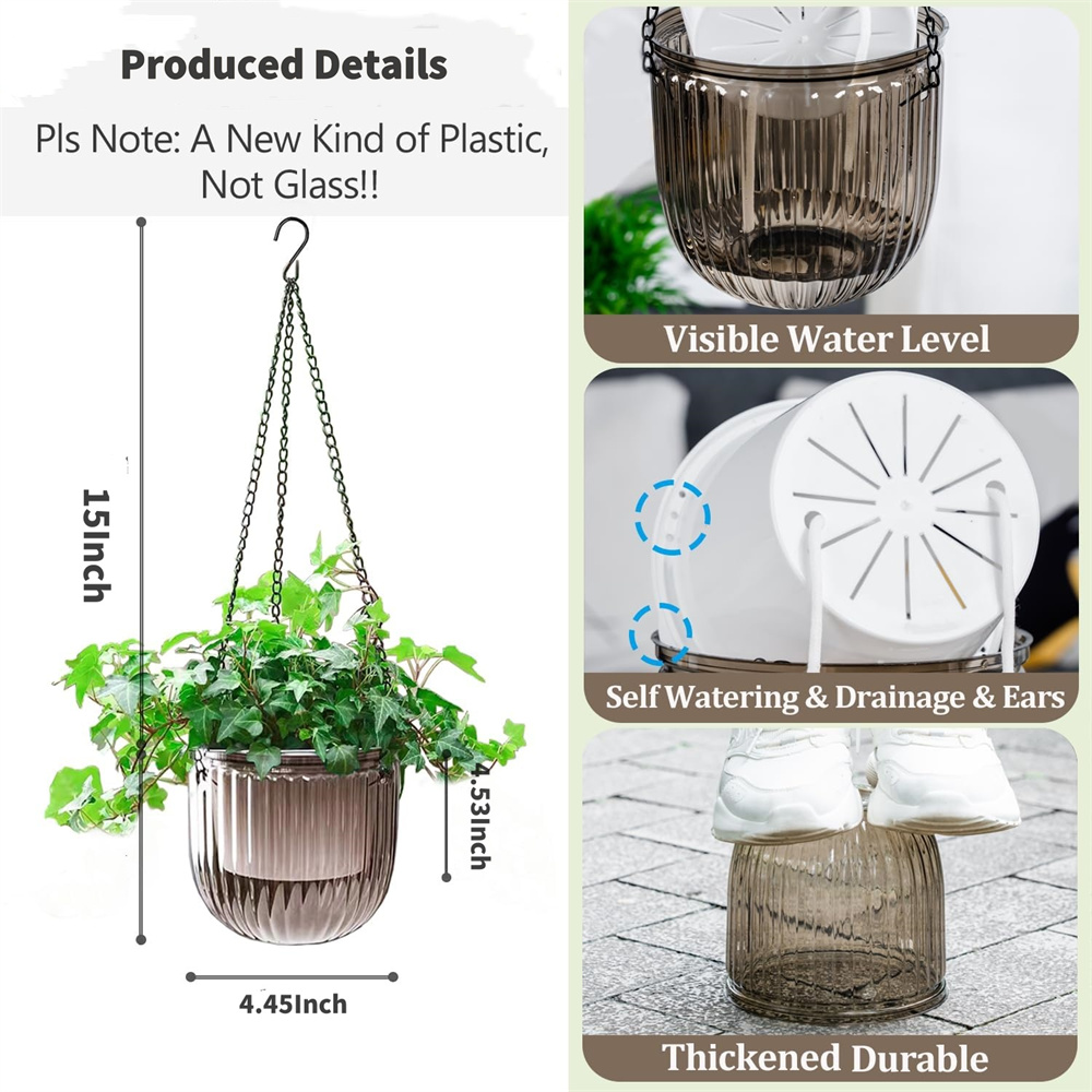 Gray Hanging Planter with Drainage Hole,Set of 3 Small Flower Pots,Double Layer Planter Design,Visible Water Level Plant Hanger,for Flower,Green Plant,Succulent