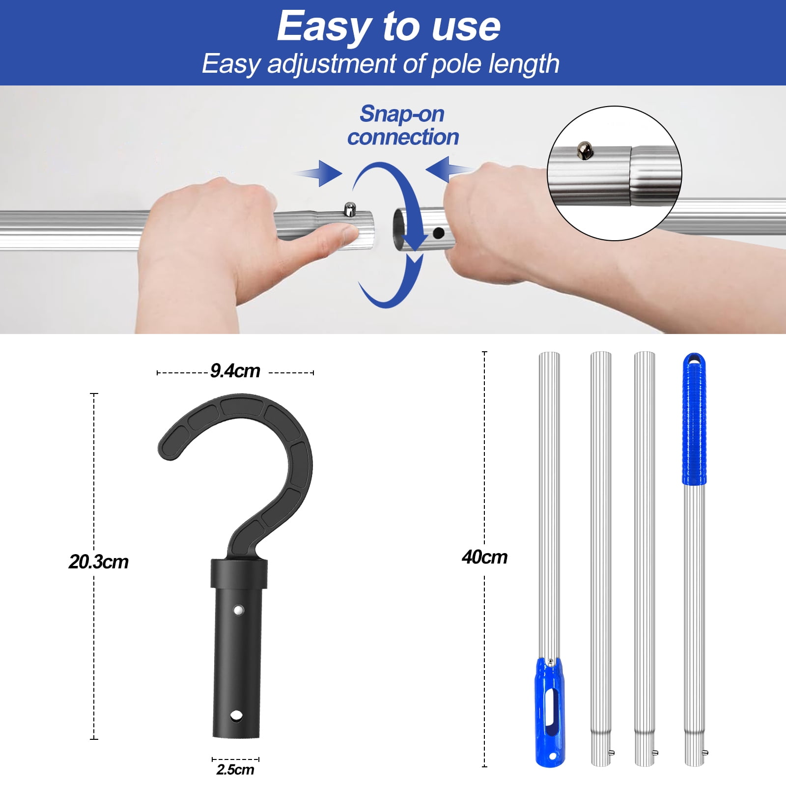 4 Section Aluminum Pool Pole with Hook for Robotic Pool Cleaners Vacuum Robot Accessories for Cordless Above Ground and Underwater Models 5.2 Feet Adjustable Handle