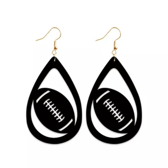 Hollow Black Pu Leather Teardrop Earrings Baseball Football Sports Style Jewelry