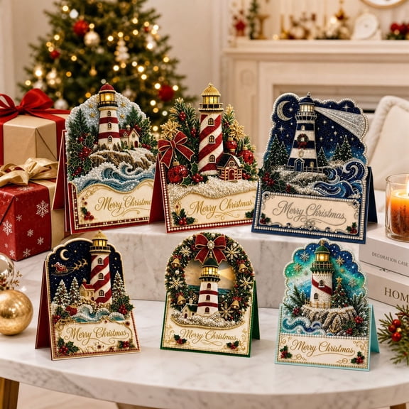 syligr 6PCS Lighthouse Diamond Art Christmas Cards for Christmas Decorations, DIY Pearl Painting Greeting Cards with Stand, Holiday Tabletop Decoration, Holiday Gift Decor